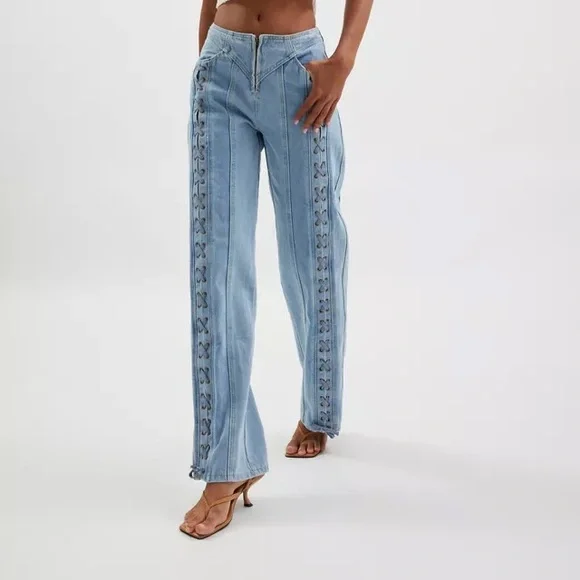 Lioness Daydream Tie Up Jean / Sky Blue Lace-Up Wide Leg Jeans - Picture 11 of 14